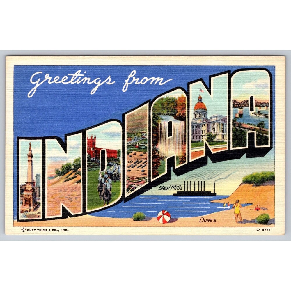Vtg Indiana Large Letter Linen Postcard Greetings From Curt Teich 9A-H777 Dunes